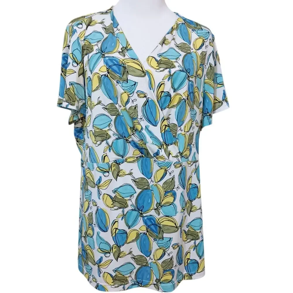 Alfani Beautiful Abstract Floral Blouse Top Plus 2X Stretchy Short Sleeves VNeck